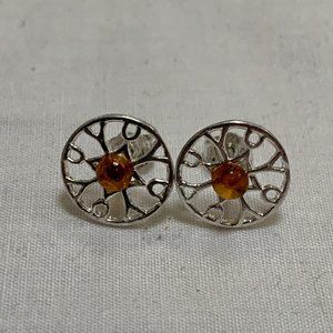 Impressive Women's Amber Silver Earrings With Branching Pattern